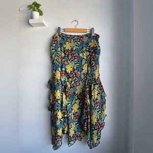 Vintage Asymmetrical Floral Skirt in Blue, Black, Green and Yellow